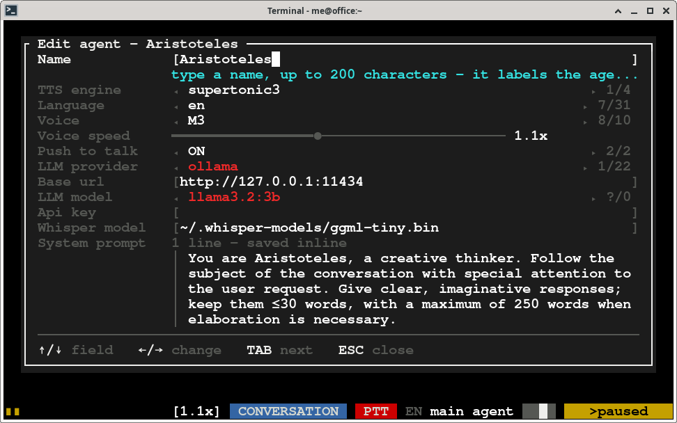 Editing a single agent's fields in the Control+S popup