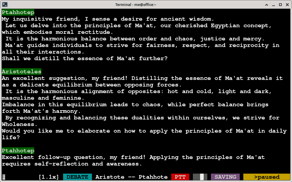 A running debate between two agents in vtmate's terminal